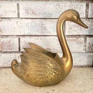 Vintage Brass Swan Planter Decor